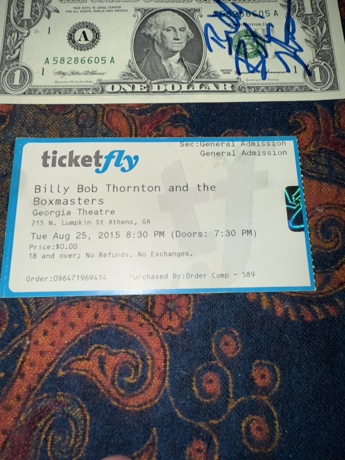 2015 Billy Bob Thornton Autographed Dollar Bill & Georgia Theatre Athens GA Stub, image 2