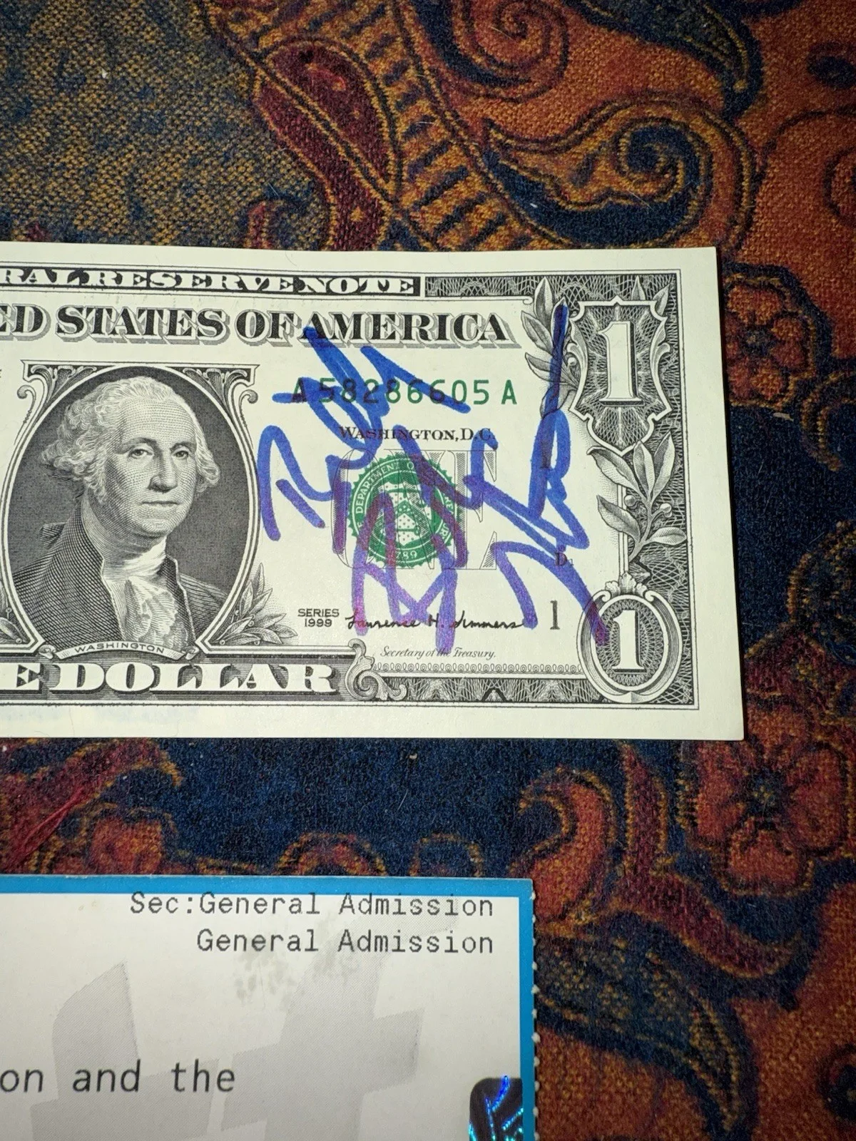 2015 Billy Bob Thornton Autographed Dollar Bill & Georgia Theatre Athens GA Stub, image 3