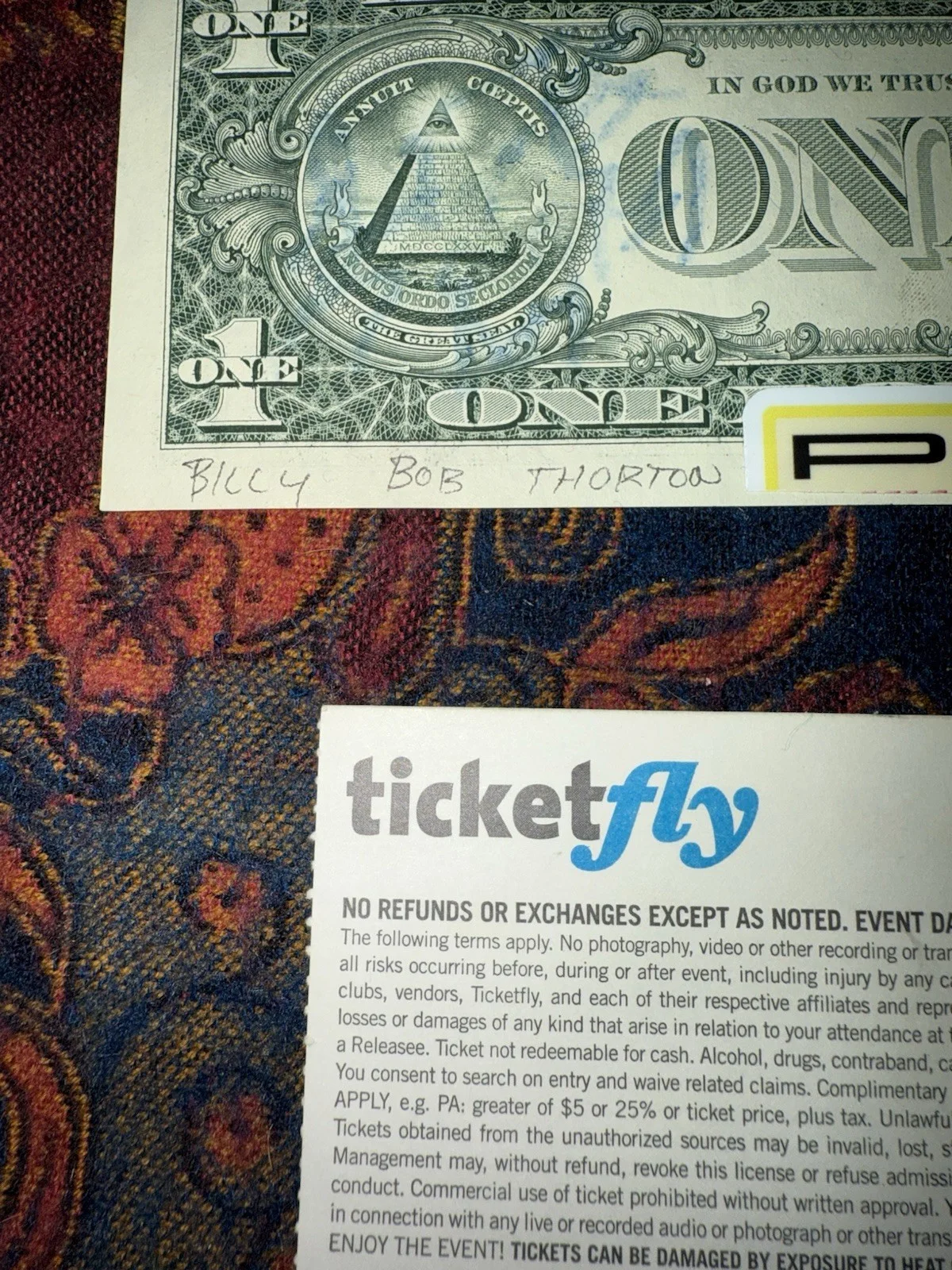 2015 Billy Bob Thornton Autographed Dollar Bill & Georgia Theatre Athens GA Stub, image 5