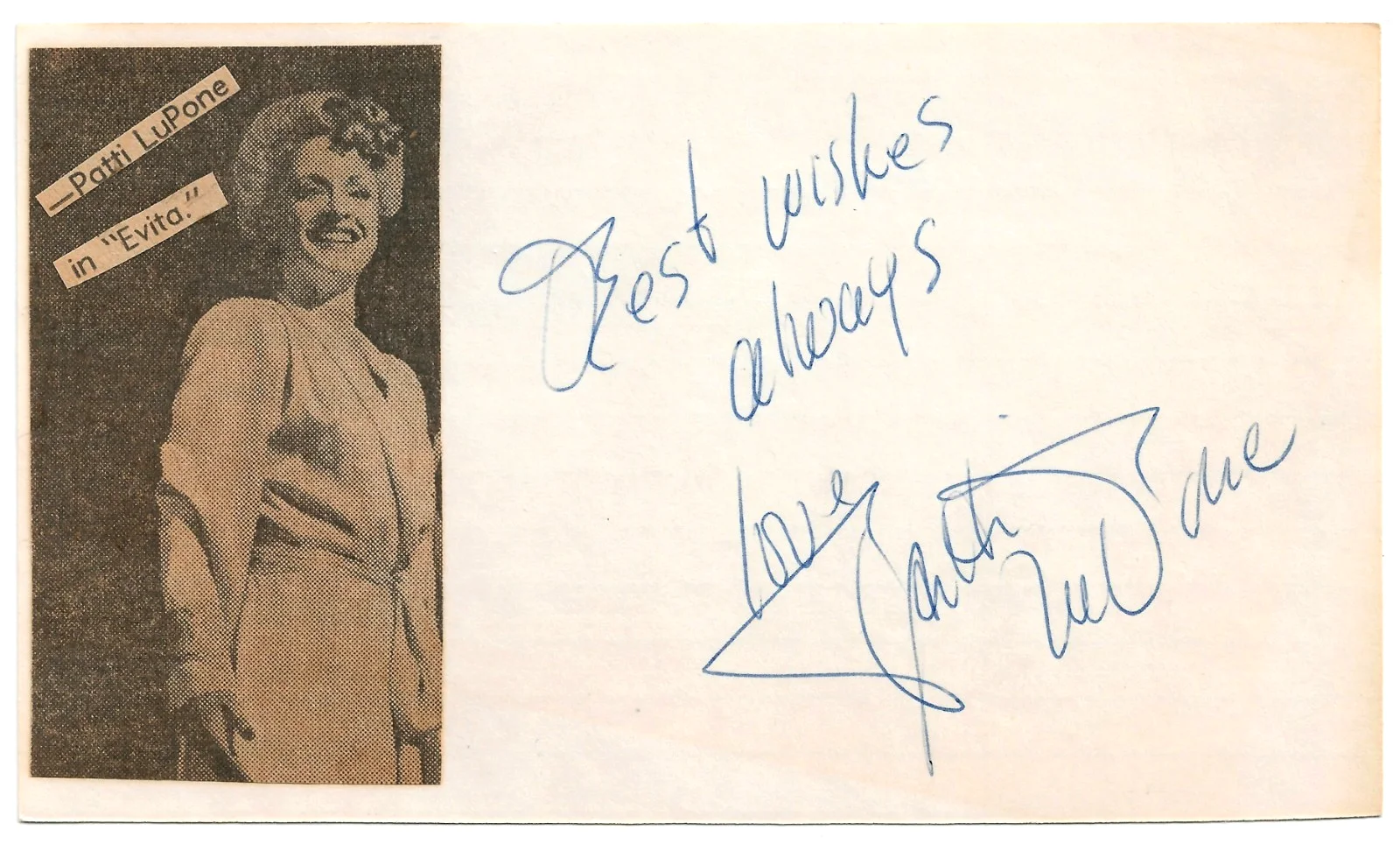 Patti LuPone — Actress/Singer Patti LuPone Signed Index Card "Evita" Dorothy Chandler Pavilion