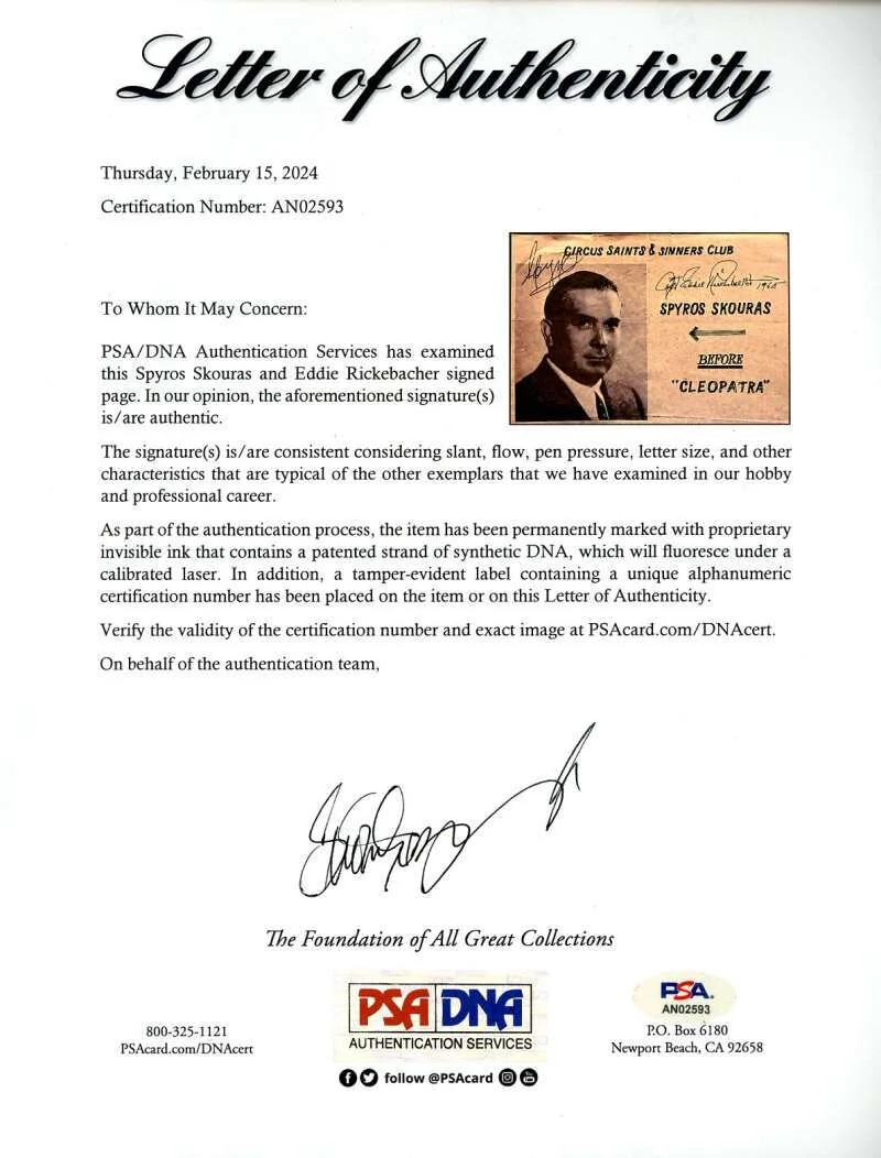 Spyros Skouras Eddie Rickenbacker — Spyros Skouras Eddie Rickenbacker PSA DNA Signed 1965 Program Cover Autograph, image 2