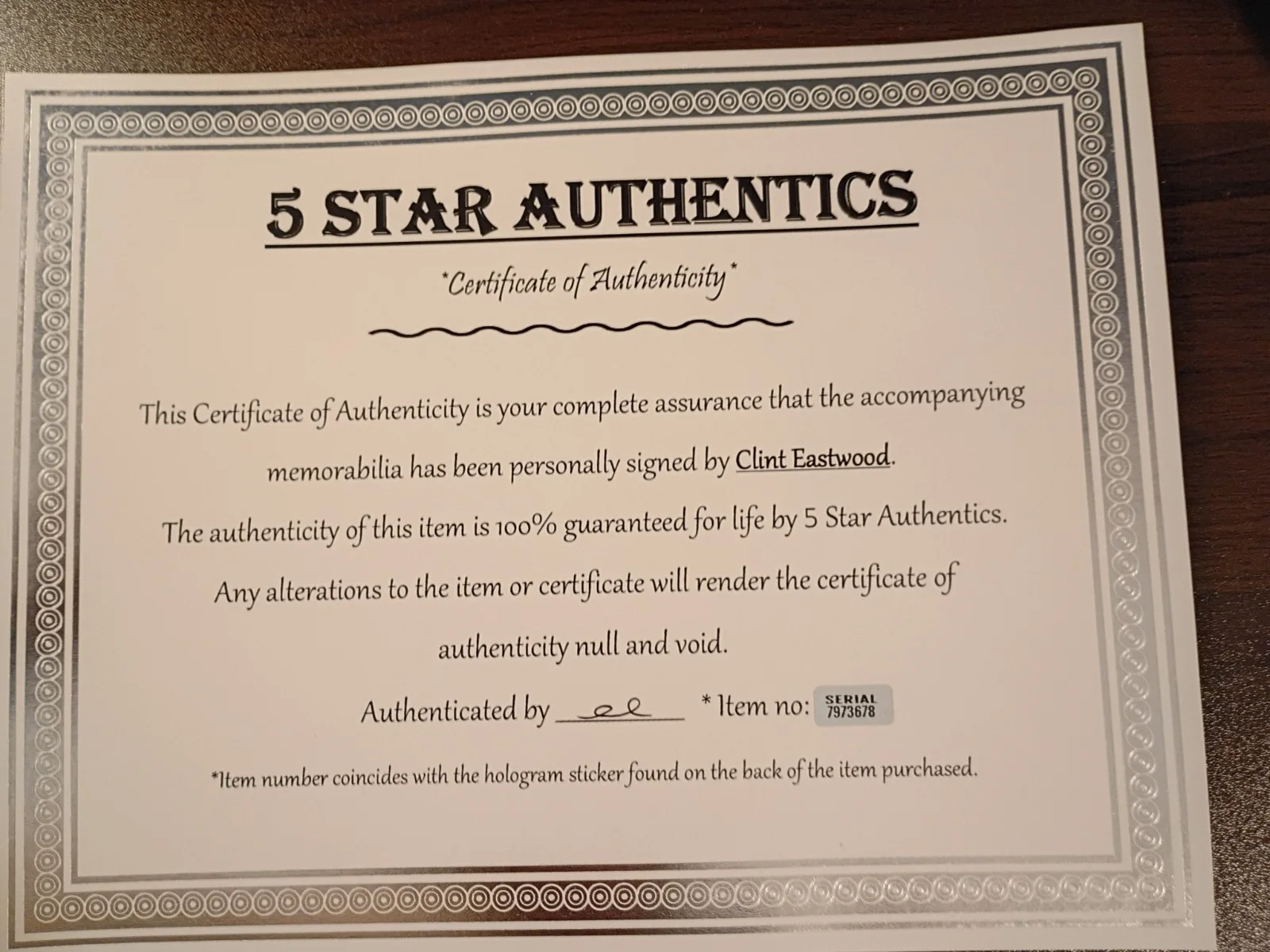 Clint Eastwood — Clint Eastwood Westerns Signed 8x10 COA W/Matching Numbered Sticker, image 4