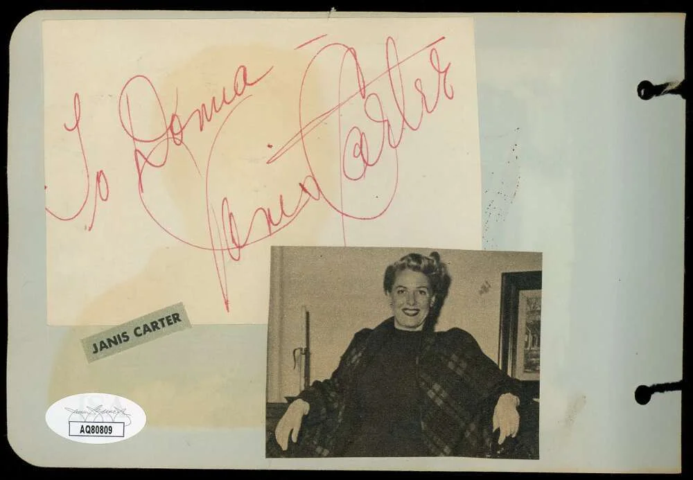 Johnny Weissmuller Janis Carter — Johnny Weissmuller Janis Carter JSA Coa Signed Vintage Album Page Autograph, image 2