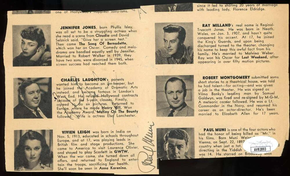 Tyrone Power Edward Robinson Charles Laughton Paul Muni — Tyrone Power Edward Robinson Charles Laughton Paul Muni JSA Signed Magazine Cut, изображение 2
