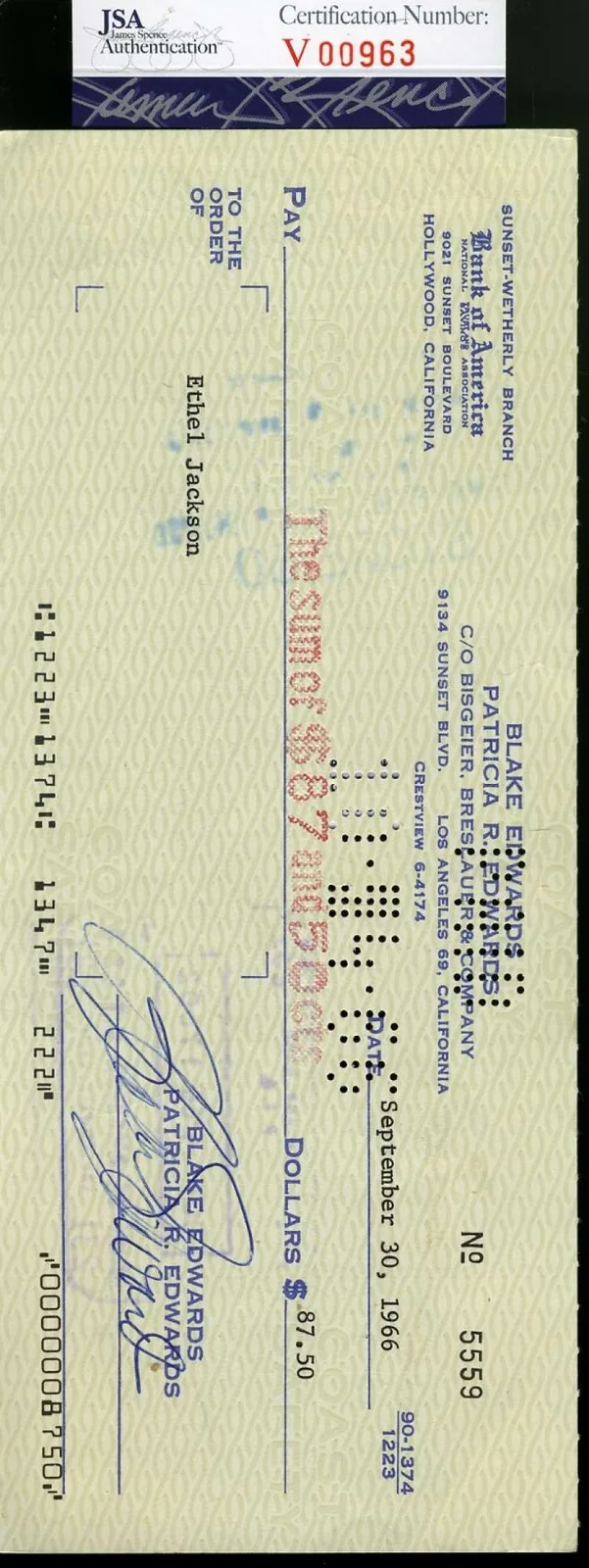 BLAKE EDWARDS — Blake Edwards Jsa Coa Hand Signed 1966 Check Autograph Authenticated