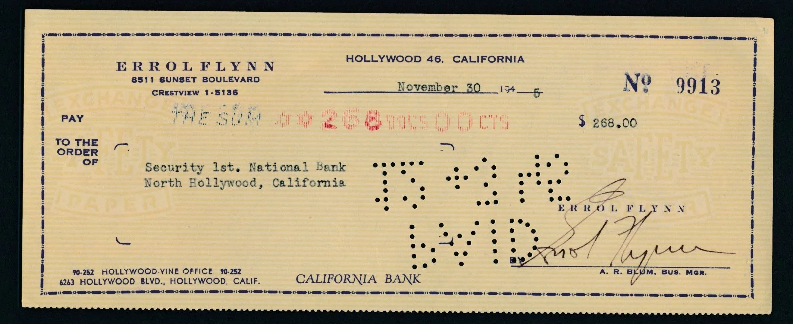 Errol Flynn - 1954 Signed Check w/ Quality 8x10 Studio Photo - Autograph, image 2