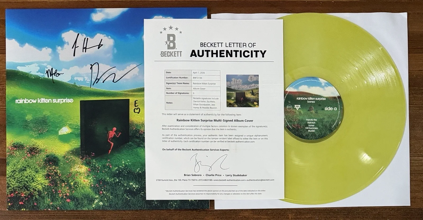 Rainbow Kitten Surprise — Rainbow Kitten Surprise BAND SIGNED Bones Yellow Vinyl Beckett BAS COA Autograph, image 2