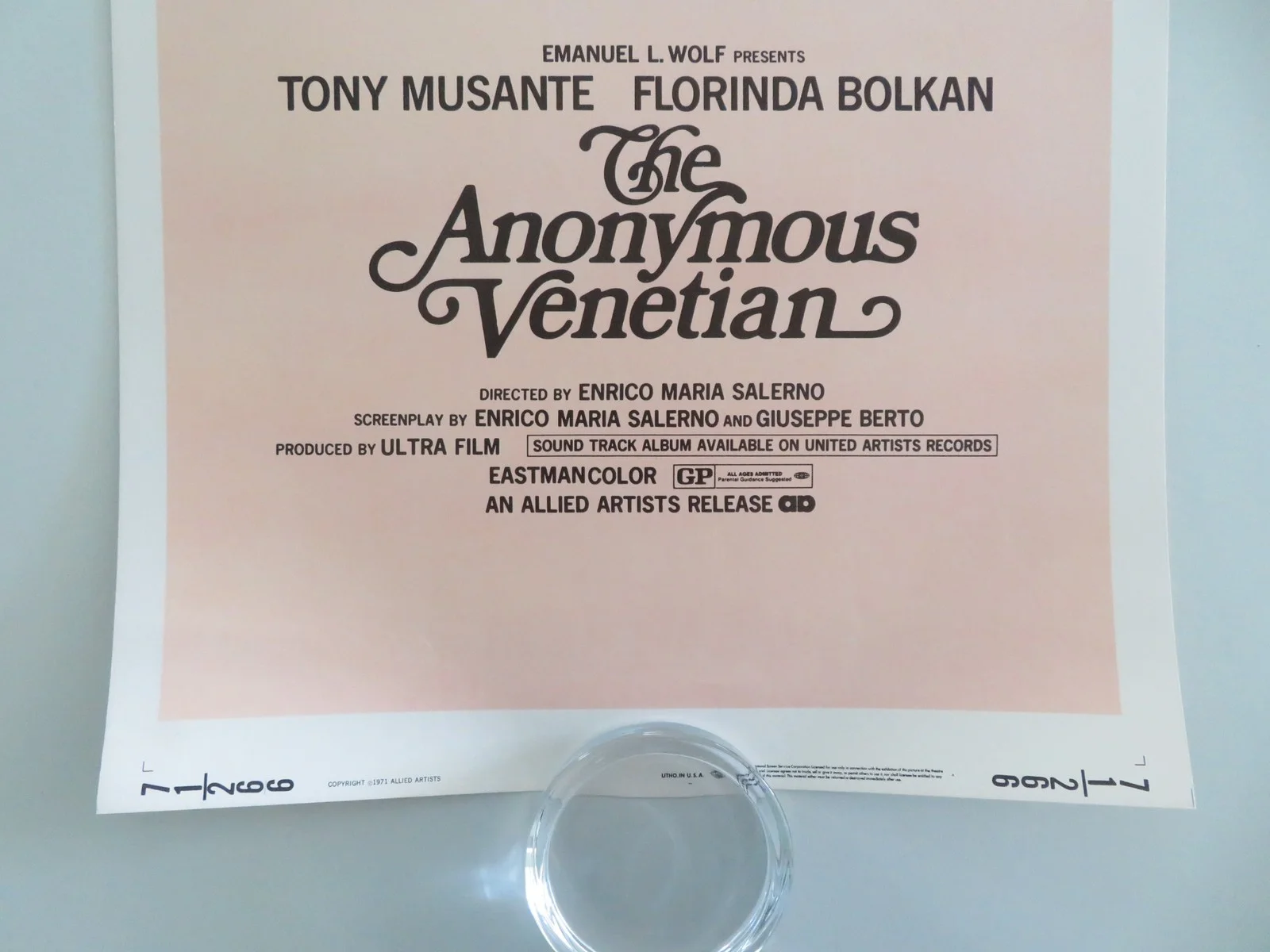 The Anonymous Venetian US Insert Poster Tony Musante Florinda Bolkan 1971, изображение 4