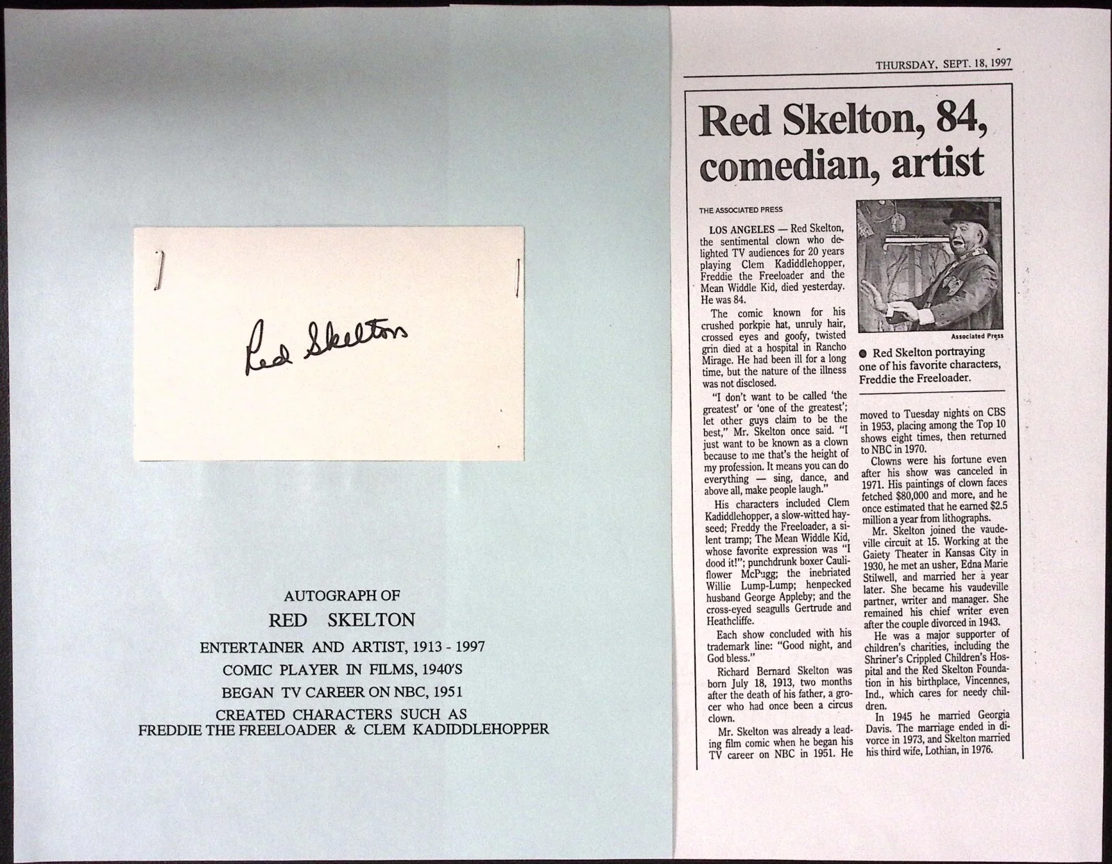 Red Skelton — Red Skelton Entertainer Artist Comedian Autographed 3x5 Card, image 2