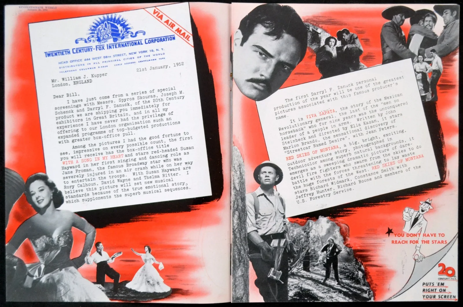 LETTER FROM MURRAY SILVERSTONE 1952 Marlon Brando, Susan Hayward TRADE ADVERT, изображение 2