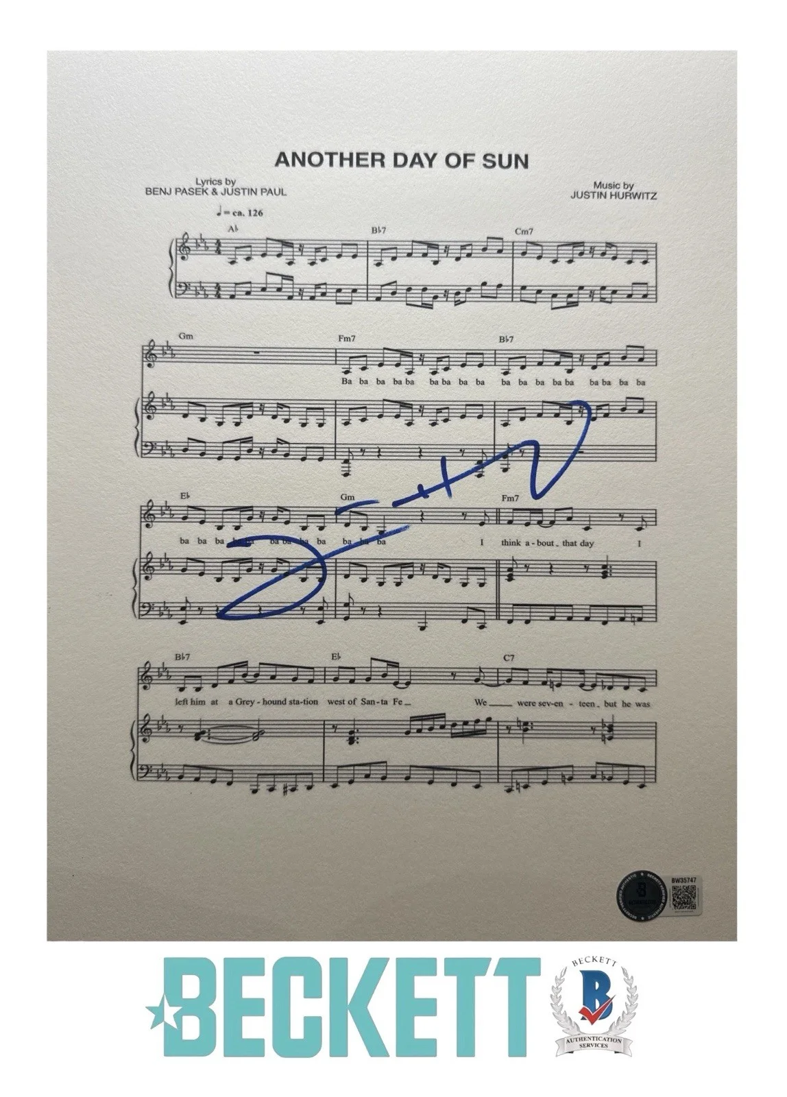 Justin Hurwitz — Justin Hurwitz Signed 8.5x11 LA LA Land Another Day Of Sun Music Sheet Beckett