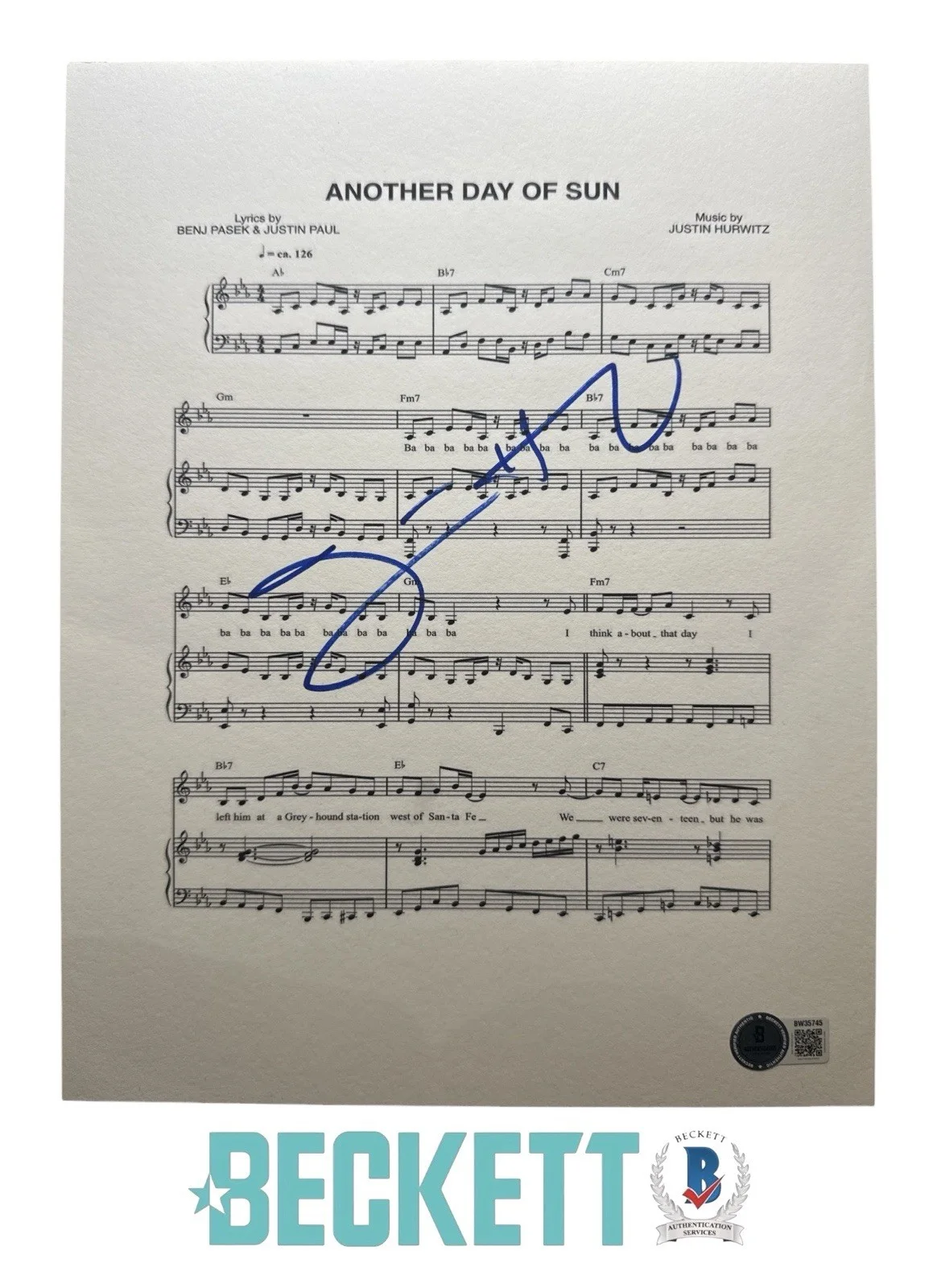 Justin Hurwitz — Justin Hurwitz Signed 8.5x11 LA LA Land Another Day Of Sun Music Sheet Beckett