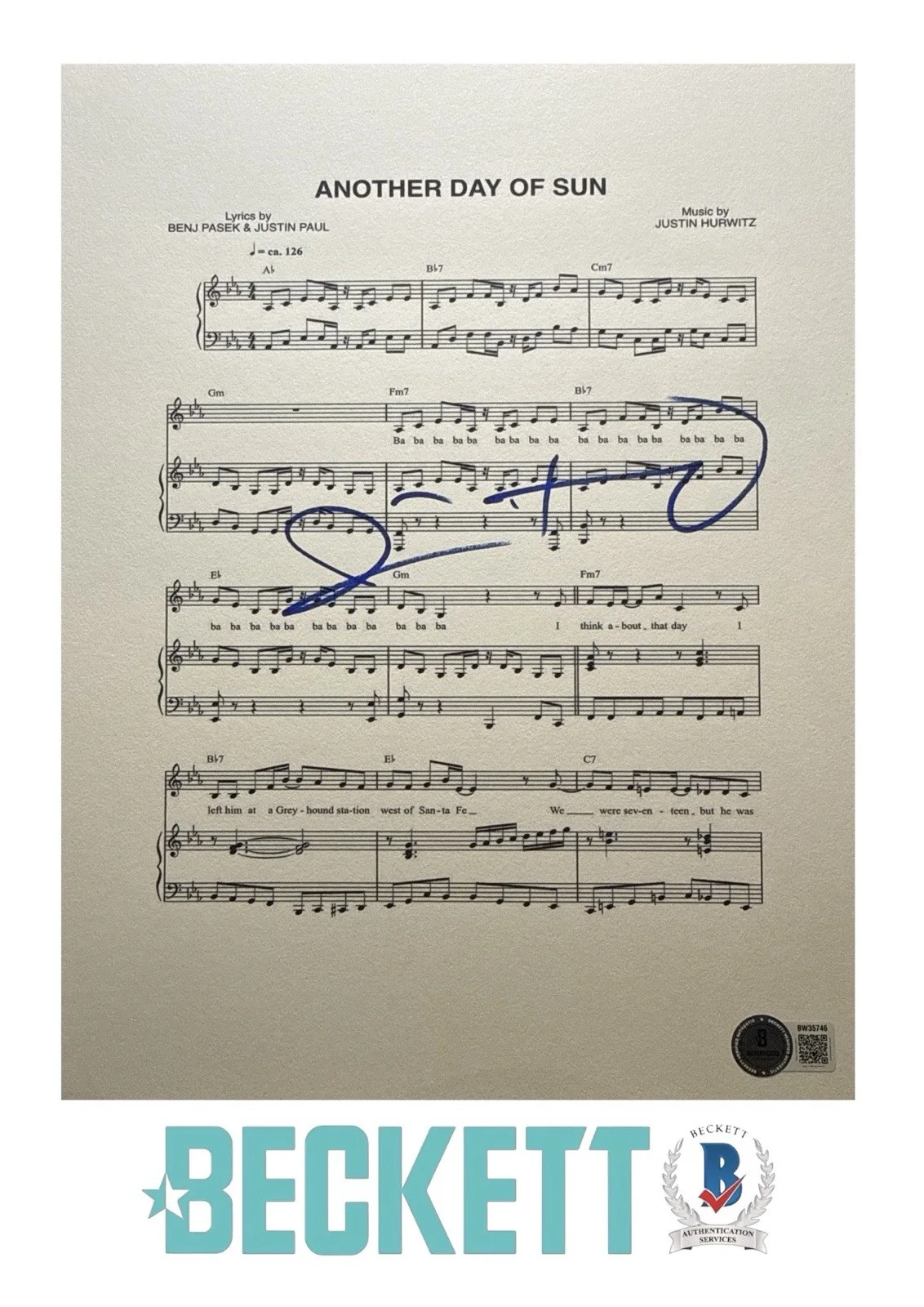 Justin Hurwitz — Justin Hurwitz Signed 8.5x11 LA LA Land Another Day Of Sun Music Sheet Beckett