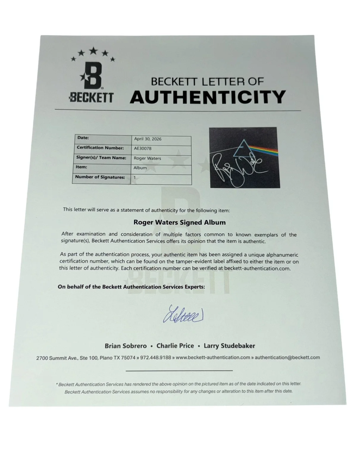 Roger Waters Signed The Dark Side of The Moon Vinyl Album Pink Floyd Beckett BAS, изображение 4