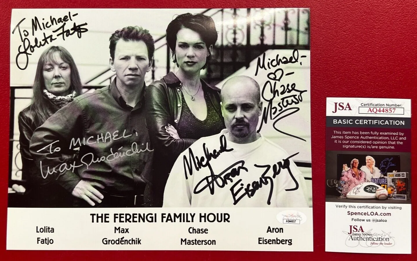 Lolita Fatjo, Max Grodechik, Chase Masterson, Aron Eisenberg — L. Fatjo/C. Masterson/Etc. Signed x4 B&W Photo JSA "Ferengi Family Hour" w/COA!