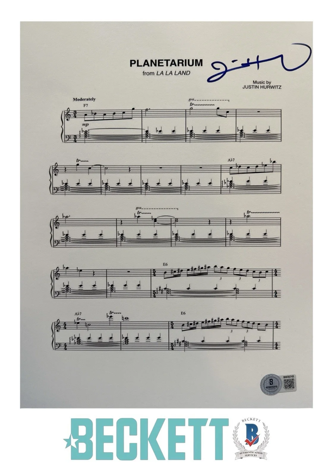 Justin Hurwitz — Justin Hurwitz Signed 8.5x11 LA LA Land Planetarium Music Sheet Beckett COA