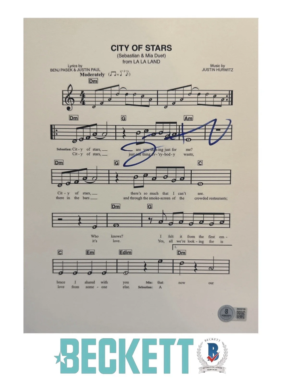 Justin Hurwitz — Justin Hurwitz Signed 8.5x11 LA LA Land City of Stars Music Sheet Beckett COA