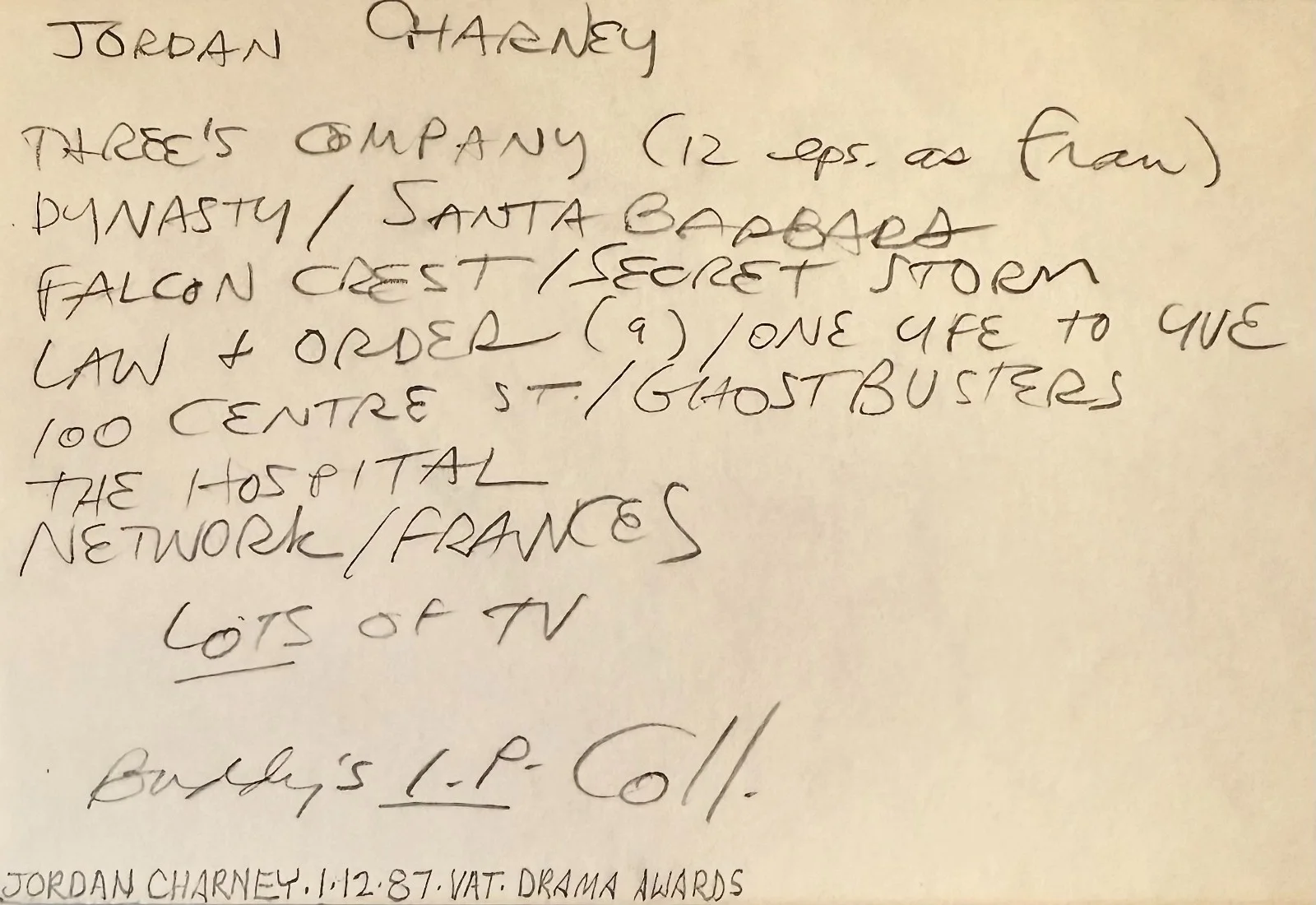 Jordan Charney — JORDAN CHARNEY Signed Autographed 4x6 INDEX CARD FRANCES Network GHOSTBUSTERS, image 2