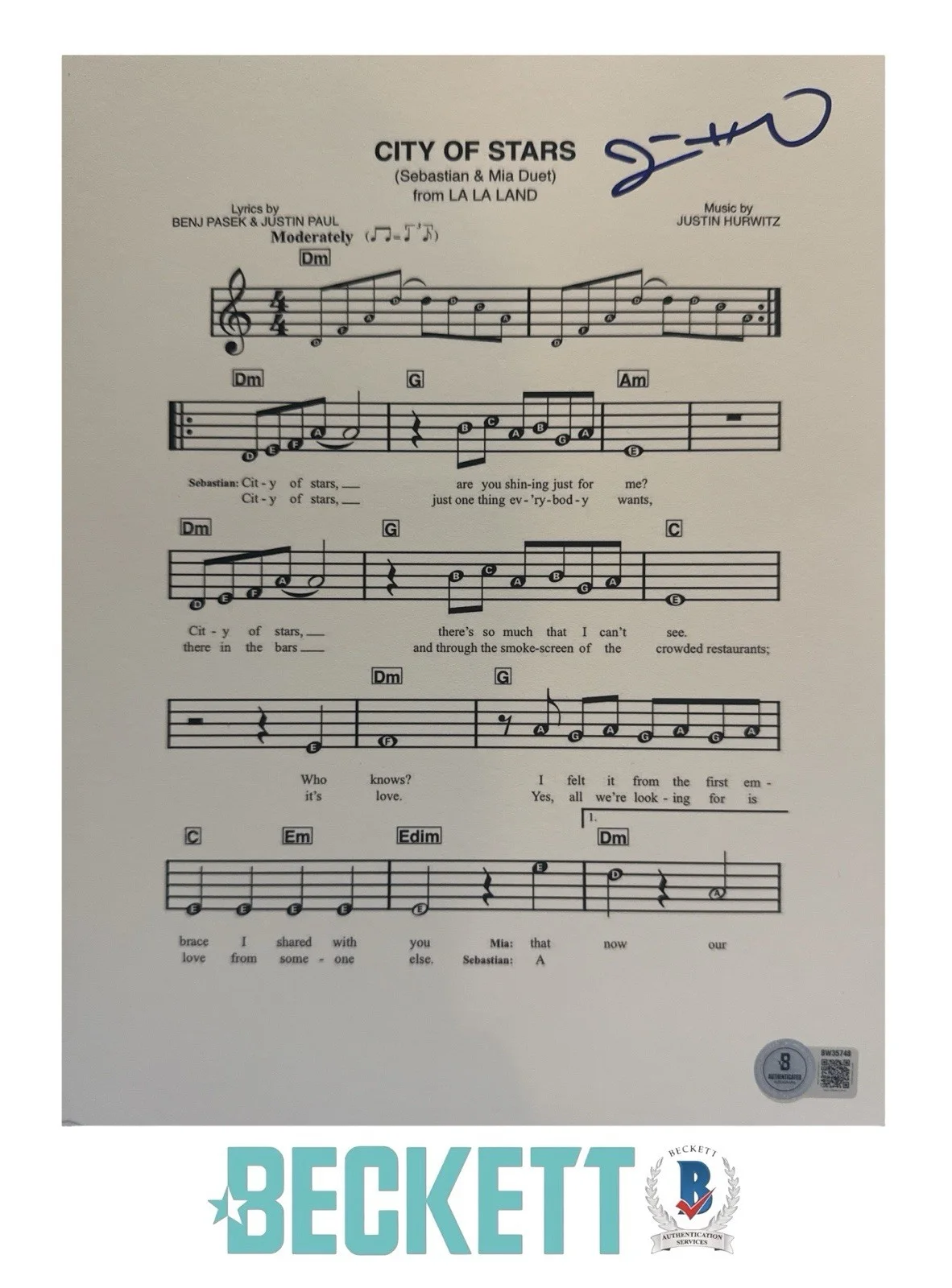 Justin Hurwitz — Justin Hurwitz Signed 8.5x11 LA LA Land City of Stars Music Sheet Beckett COA