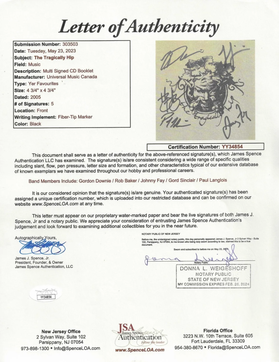 The Tragically Hip SIGNED Yer Favourites CD Framed Display #1 JSA LOA Downie +, изображение 2