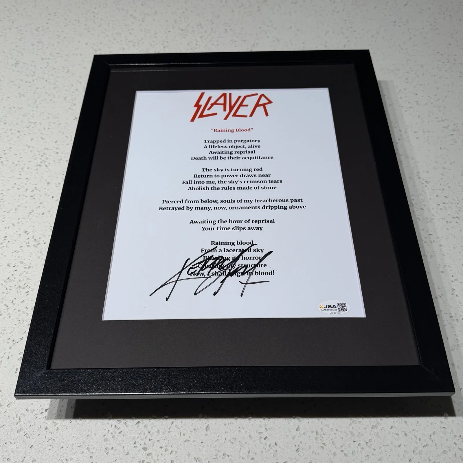 KERRY KING SIGNED SLAYER RAINING BLOOD LYRIC SHEET FRAMED AUTOGRAPH JSA COA, изображение 2