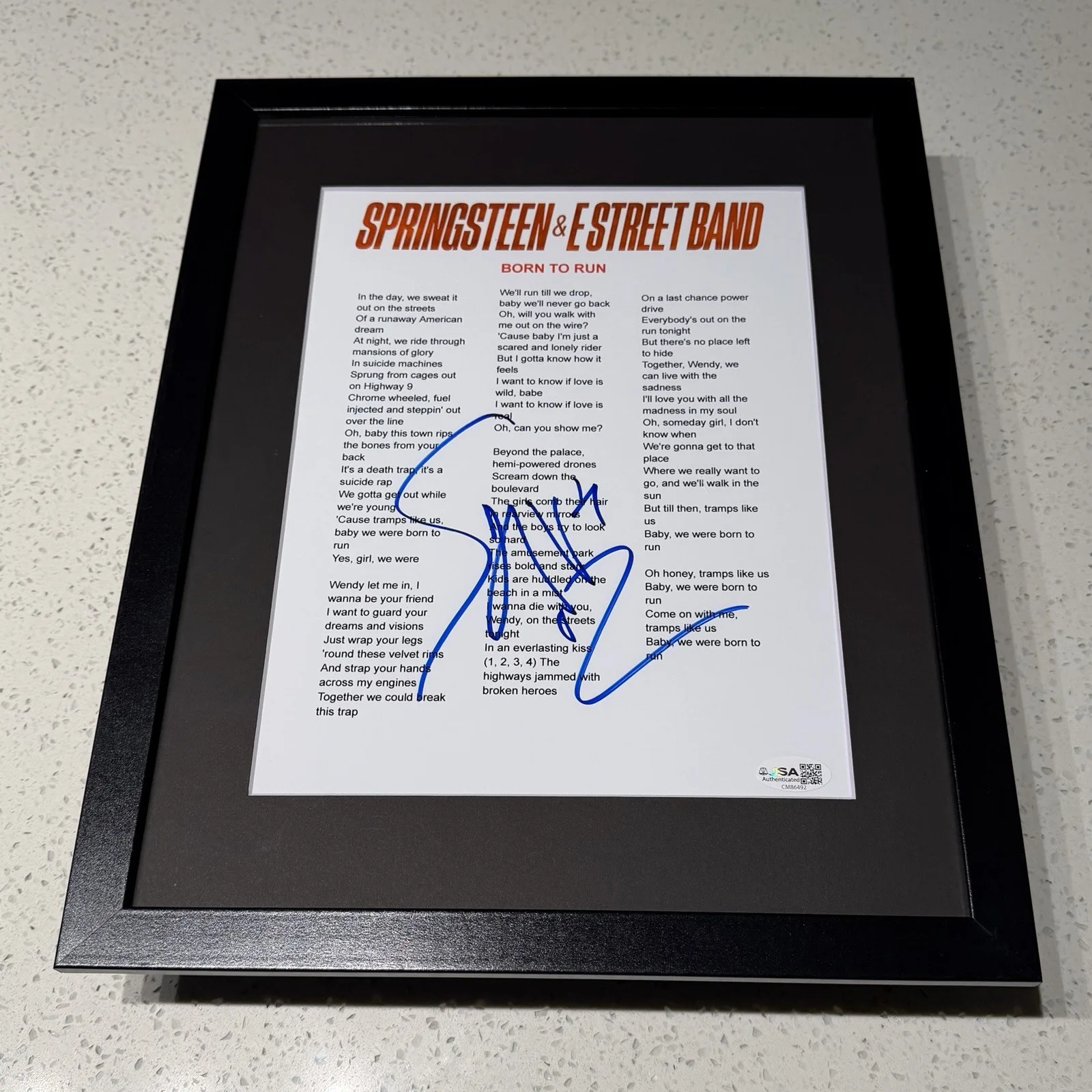 STEVEN VAN ZANDT SIGNED BRUCE SPRINGSTEEN LYRIC SHEET FRAMED AUTOGRAPH JSA COA, image 2