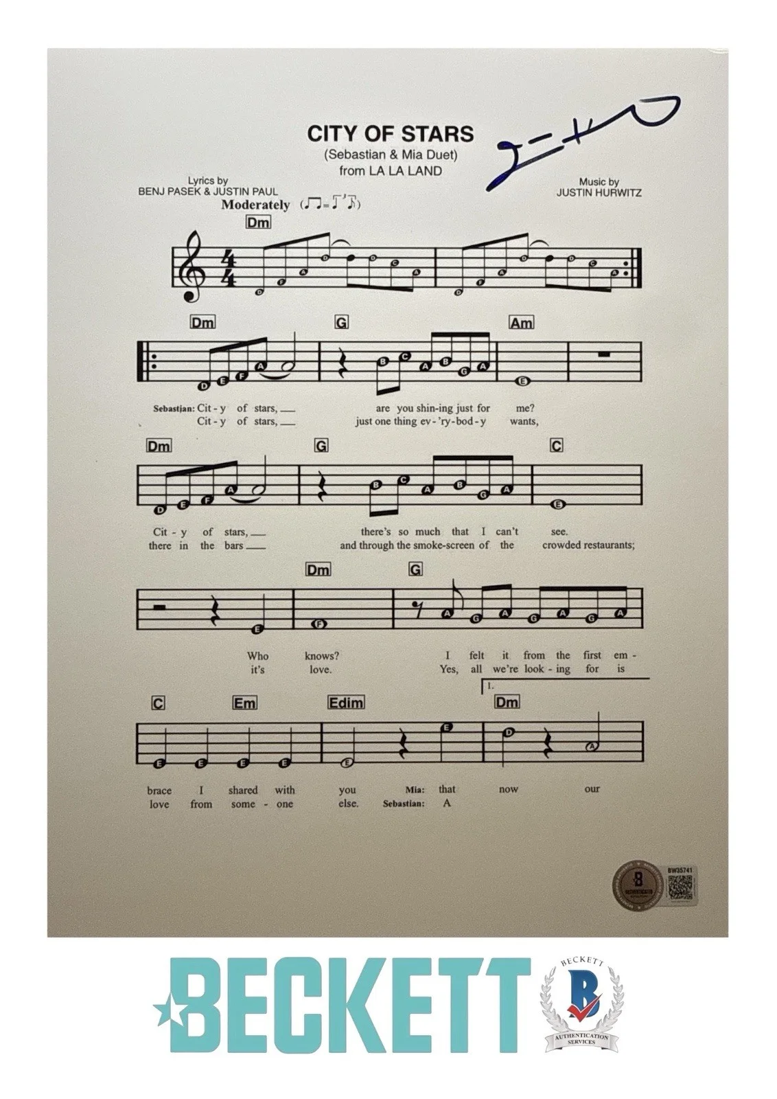 Justin Hurwitz — Justin Hurwitz Signed 8.5x11 LA LA Land City of Stars Music Sheet Beckett COA