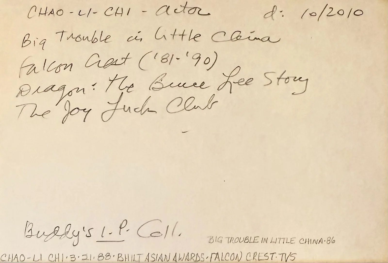 Chao Li Chi — CHAO Li Chi Signed Autographed 4x6 INDEX CARD M*A*S*H Blood Work FALCON CREST, изображение 2