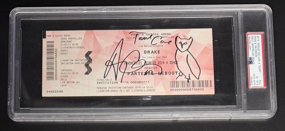 Drake — Drake Signed Autograph PSA/DNA Slabbed 2014 Ticket w/ Hand Drawn OVO Owl Sketch