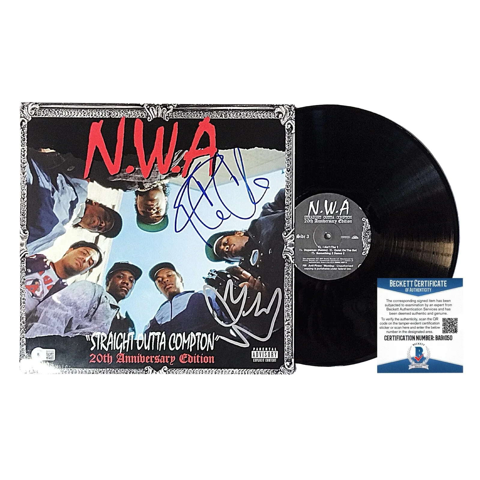 Ice Cube, DJ Yella — Ice Cube DJ Yella Signed NWA Straight Outta Compton Vinyl Beckett BAS COA Rap, image 2