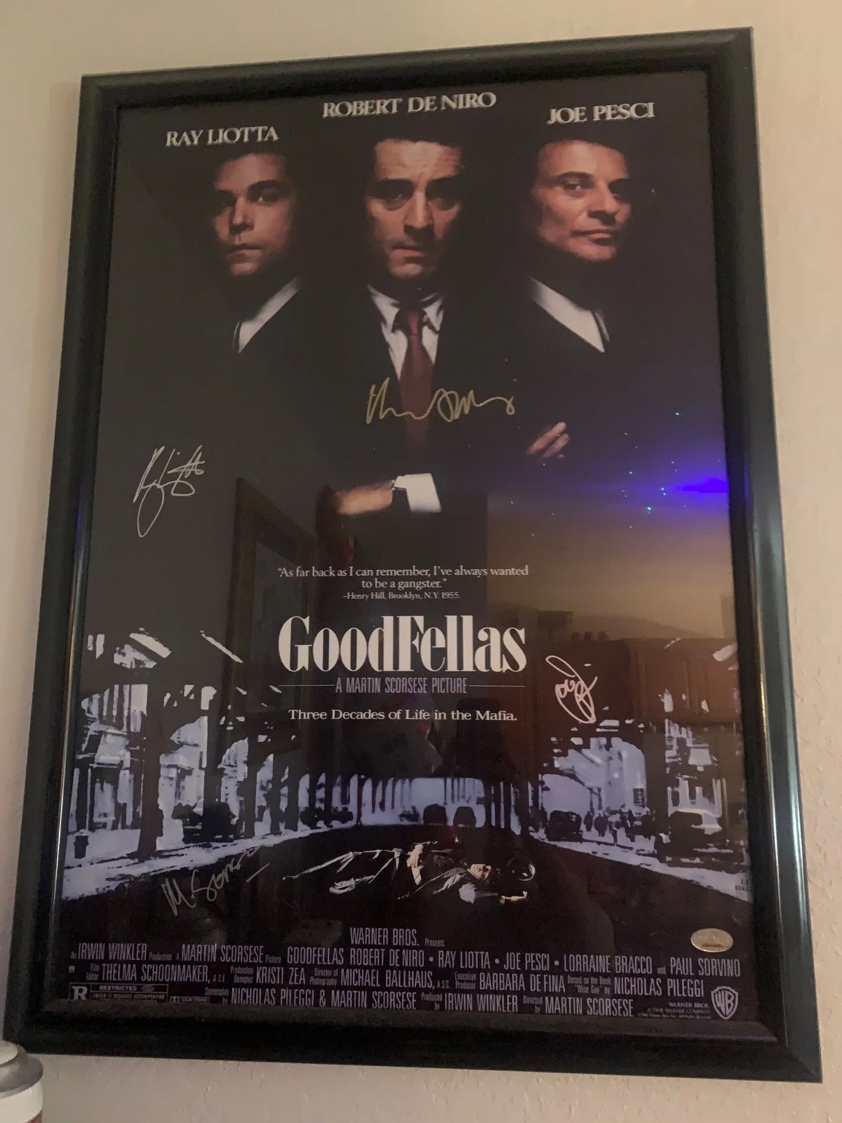 Martin Scorsese, Ray Liotta, Joe Pesci, Robert DeNiro — Ray Liotta, Martin Scorsese, Joe Pesci, Robert DeNiro signed Goodfellas Movie Po