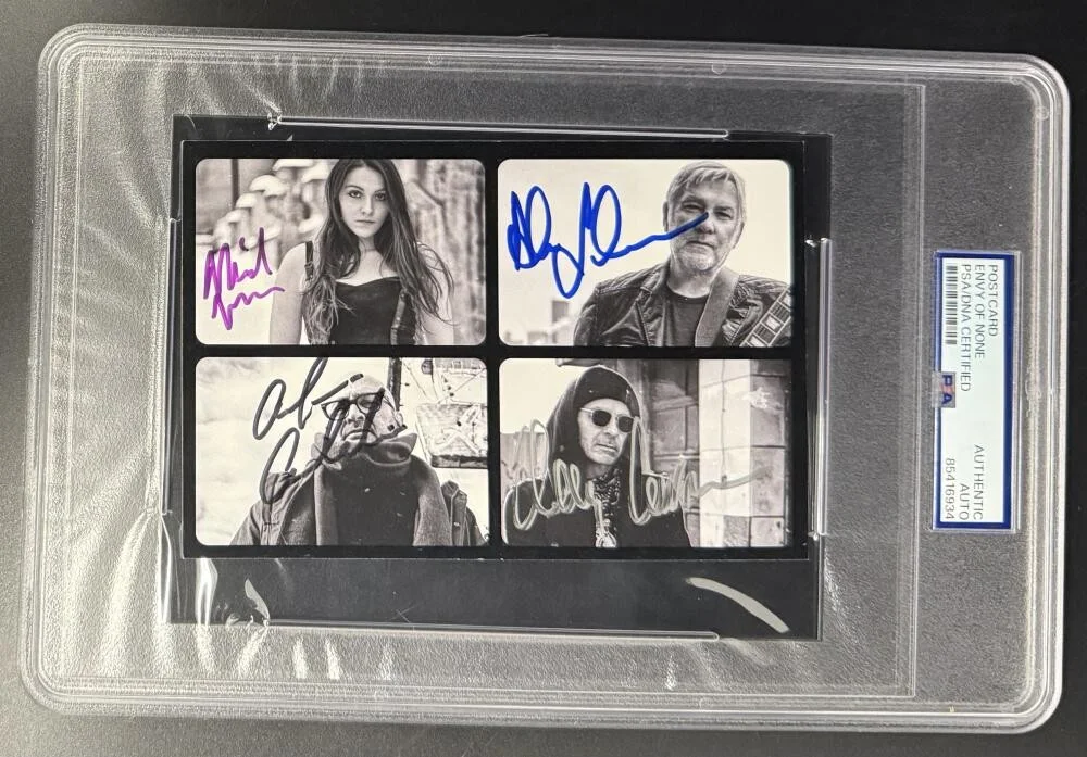 Alfio Annibalini, Andy Curran, Alex Lifeson, Maiah Wynne — Envy of None Signed Autograph PSA/DNA Slabbed Photo Postcard - Alex Lifeson +3