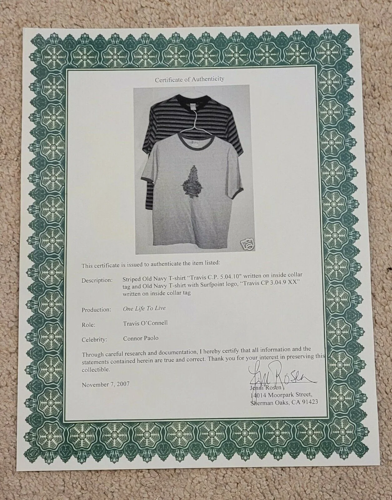 ONE LIFE TO LIVE CHILD ACTOR 2 SHIRTS COA CONNOR PAOLO VERY RARE EARLY STAR, изображение 2
