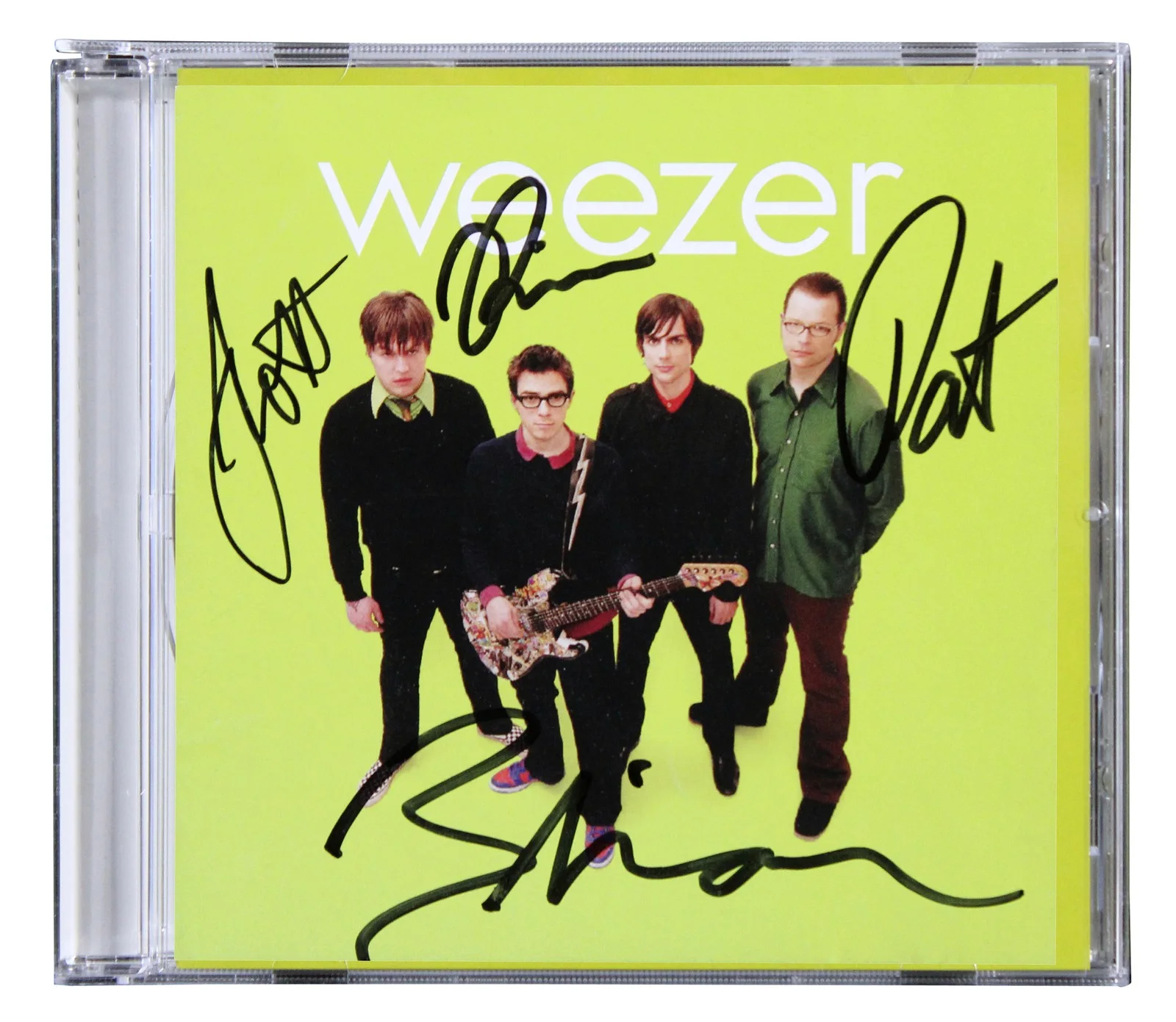 Rivers Cuomo, Scott Shriner, Brian Bell, & Patrick Wilson — Weezer (4) Cuomo, Shriner, Bell & Wilson Signed Green Album Cd Insert JSA