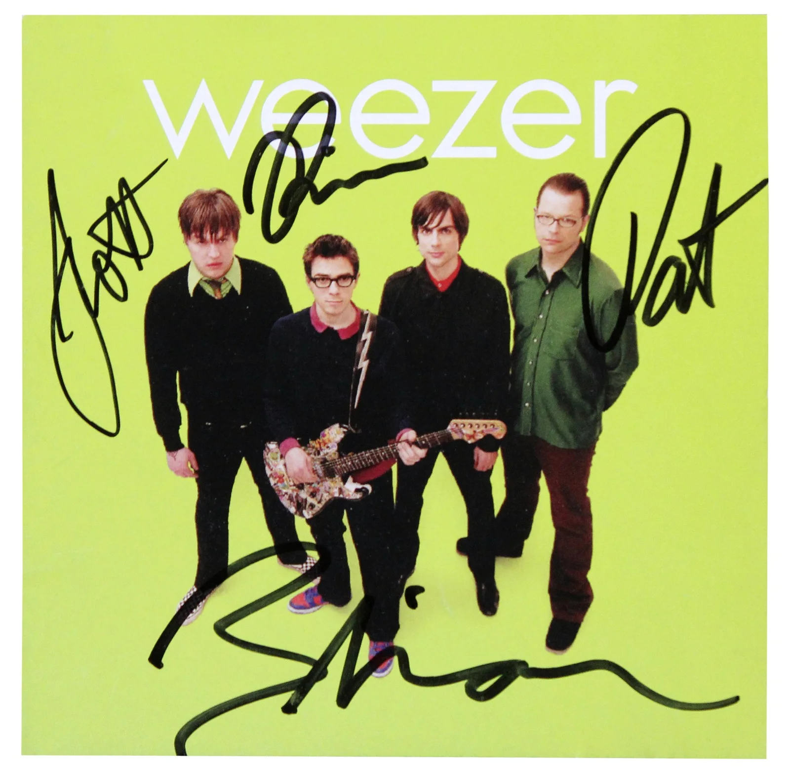 Rivers Cuomo, Scott Shriner, Brian Bell, Patrick Wilson — Weezer (4) Cuomo, Shriner, Bell & Wilson Signed Green Album Cd Insert JSA, изображение 2