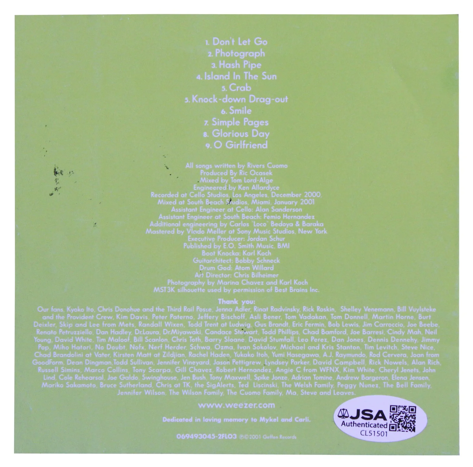 Rivers Cuomo, Scott Shriner, Brian Bell, Patrick Wilson — Weezer (4) Cuomo, Shriner, Bell & Wilson Signed Green Album Cd Insert JSA, изображение 3