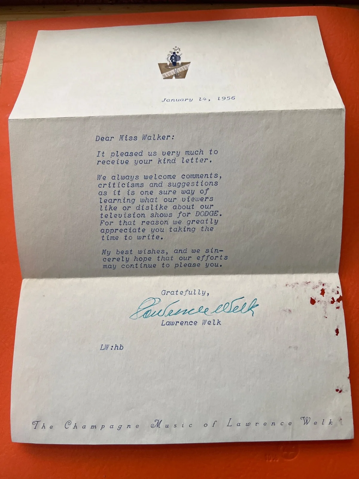 RARE 1956 SIGNED LETTER FROM LAWRENCE WELK – “CHAMPAGNE MUSIC” LETTERHEAD, изображение 5