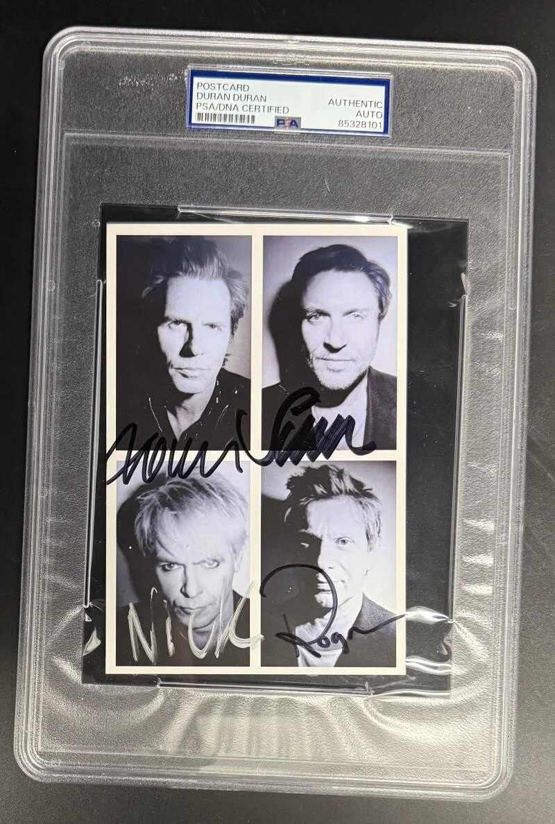 Simon Le Bon, Nick Rhodes, John Taylor, Roger Taylor — Duran Duran Full band Signed Autograph PSA/DNA Slabbed Encapsulated Postcard COA