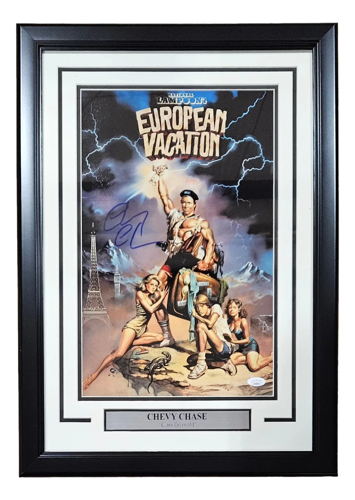 Chevy Chase — Chevy Chase Signed In Blue Framed 11x17 European Vacation Photo JSA Hologram, image 4