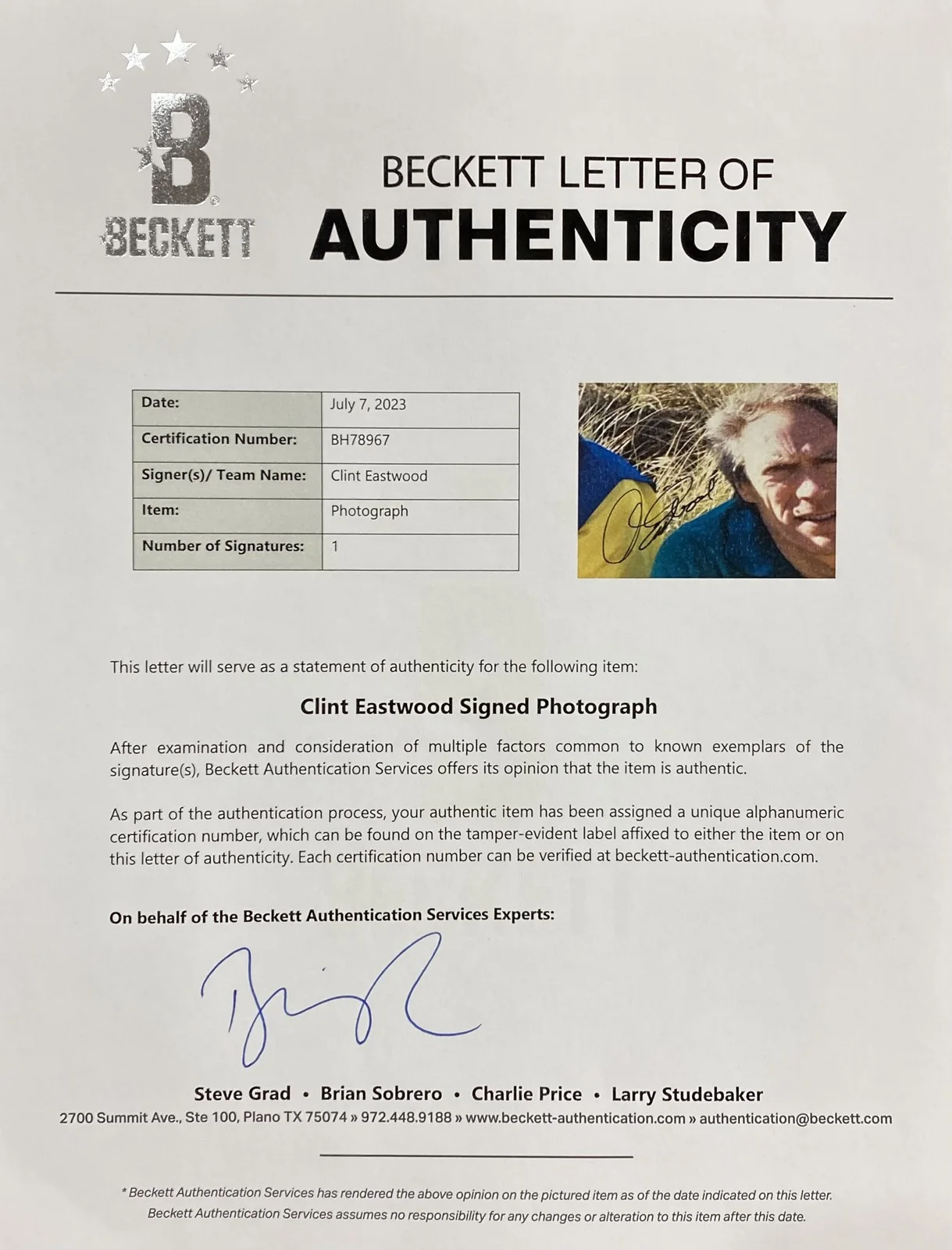 Clint Eastwood — Clint Eastwood Signed Framed 8x10 Photo BAS BH78967, image 4