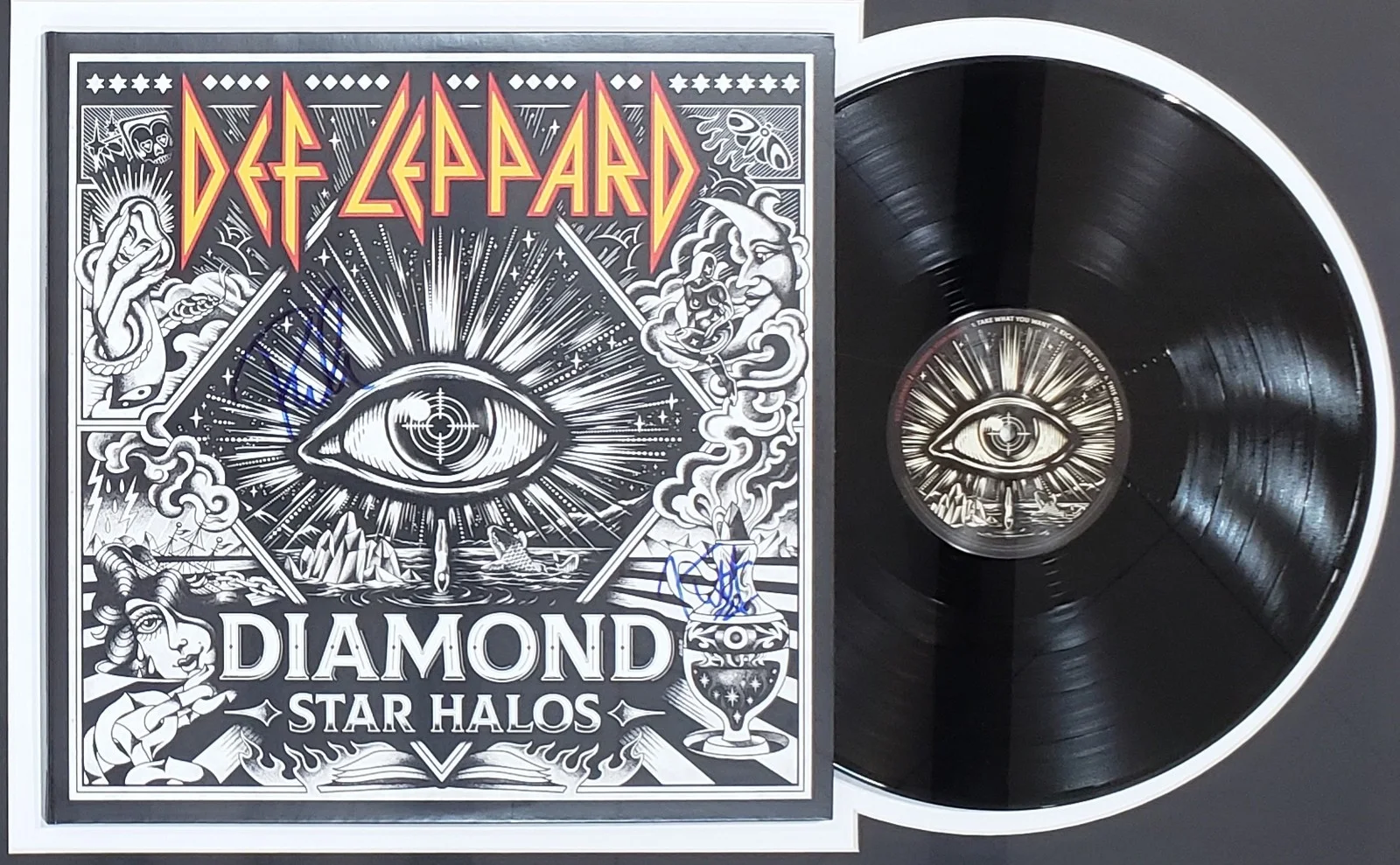 Joe Elliott — Joe Elliott Phil Collen Sign Frame Def Leppard '22 Diamond Star Halos Record JSA, изображение 2