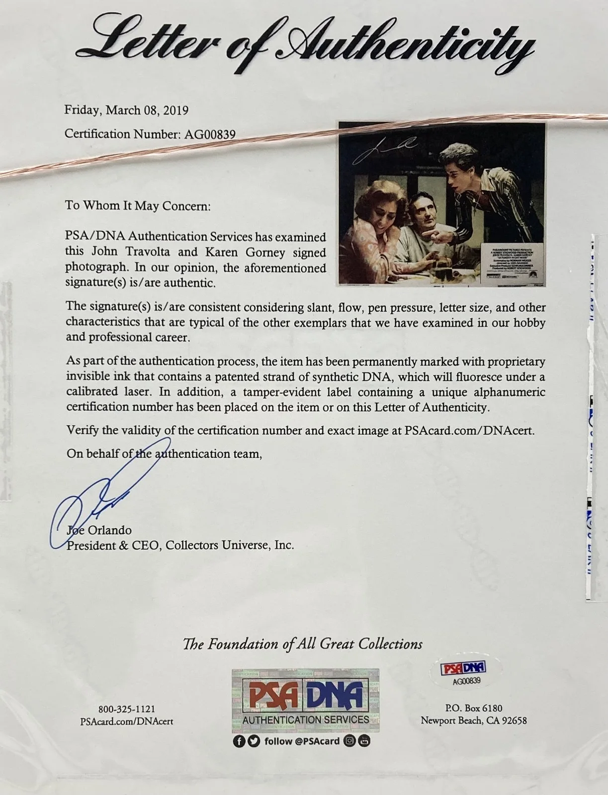 John Travolta Karen Gorney Signed Framed 11x14 Saturday Night Fever Photo PSA, изображение 4