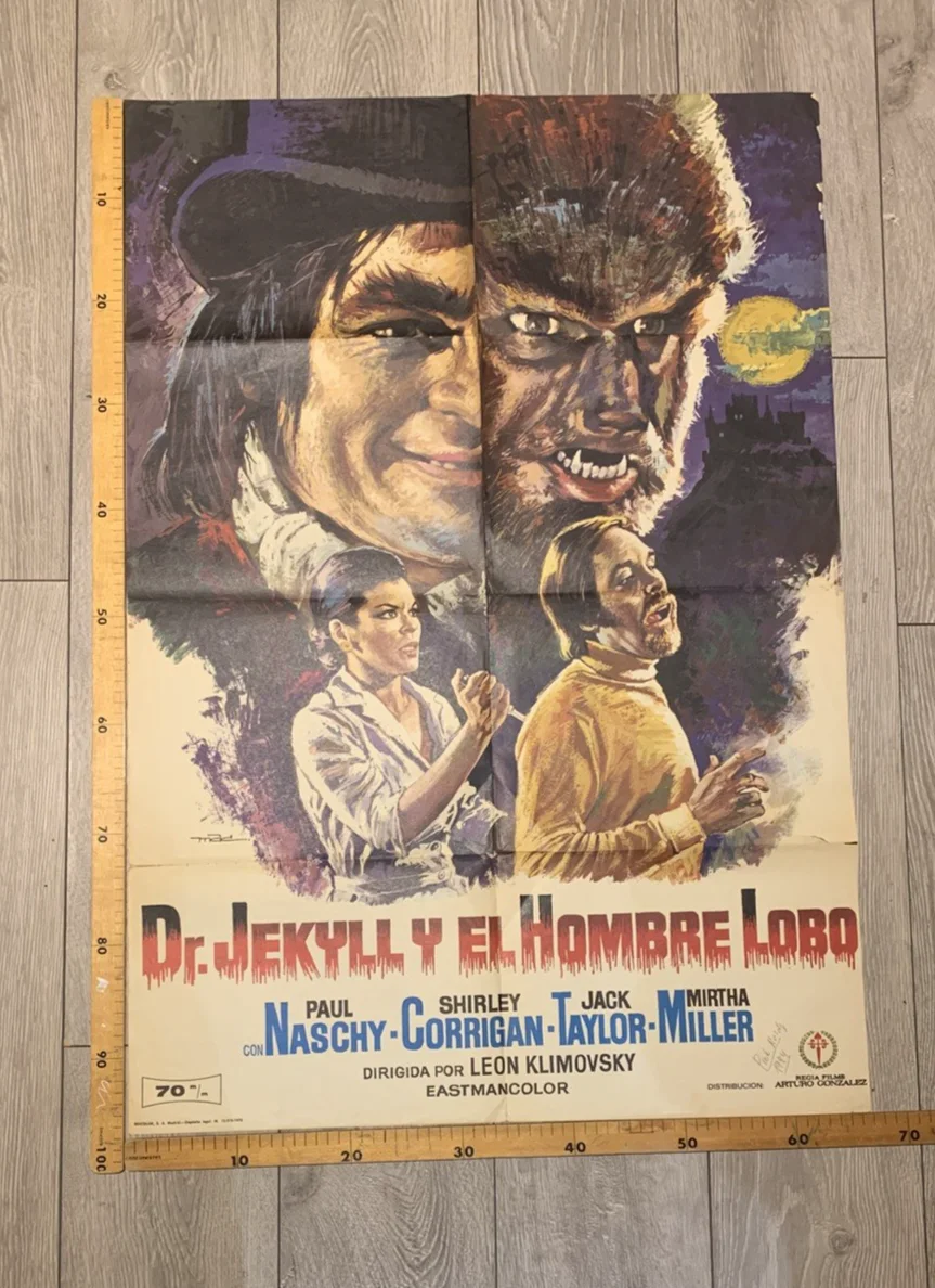 DR JEKYLL Vs THE WEREWOLF 1972 PAUL NASCHY SIGNED 1994 ORIG SPANISH 1 SHEET RARE, image 2