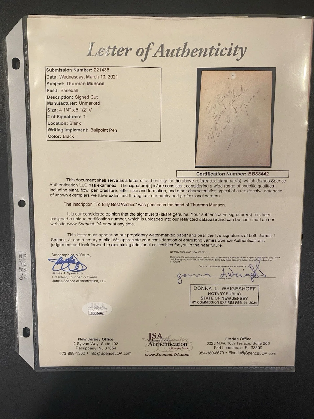 Thurman Munson Autograph JSA Certified Authentication, image 4