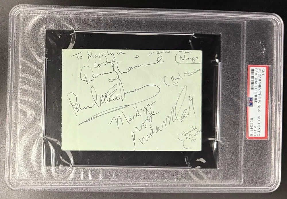 Denny Laine, Linda McCartney, Paul McCartney, Tony Selby — Paul McCartney & Wings x4 Signed Autograph PSA/DNA Slabbed Cut - Linda McCartney
