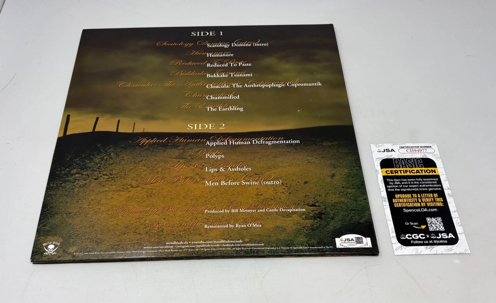 Cattle Decapitation signed Humanure Album JSA COA (Travis & Josh), изображение 2