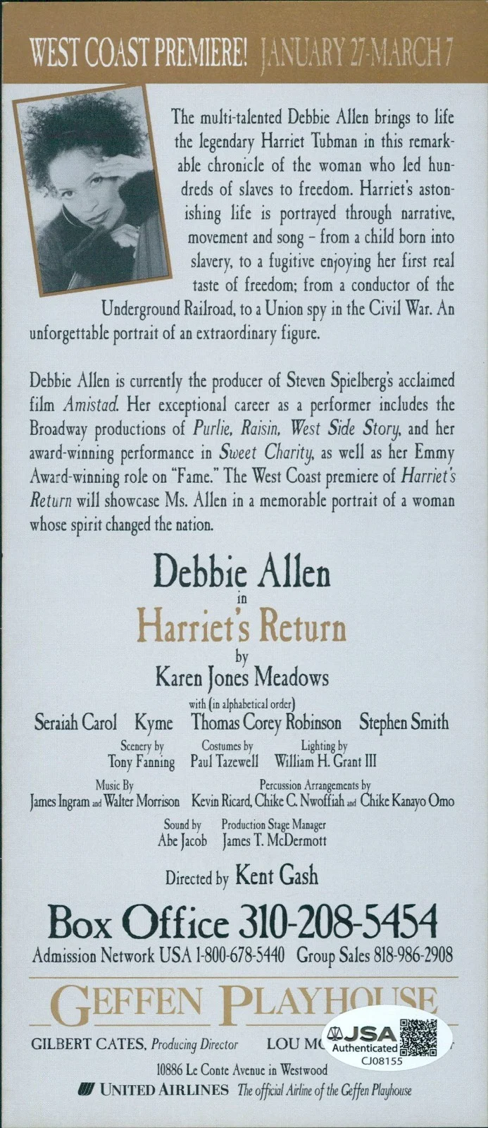 Debbie Allen — Debbie Allen Harriet's Return Signed 3.5x8.5 Playhouse Flyer JSA Authenticated, image 2