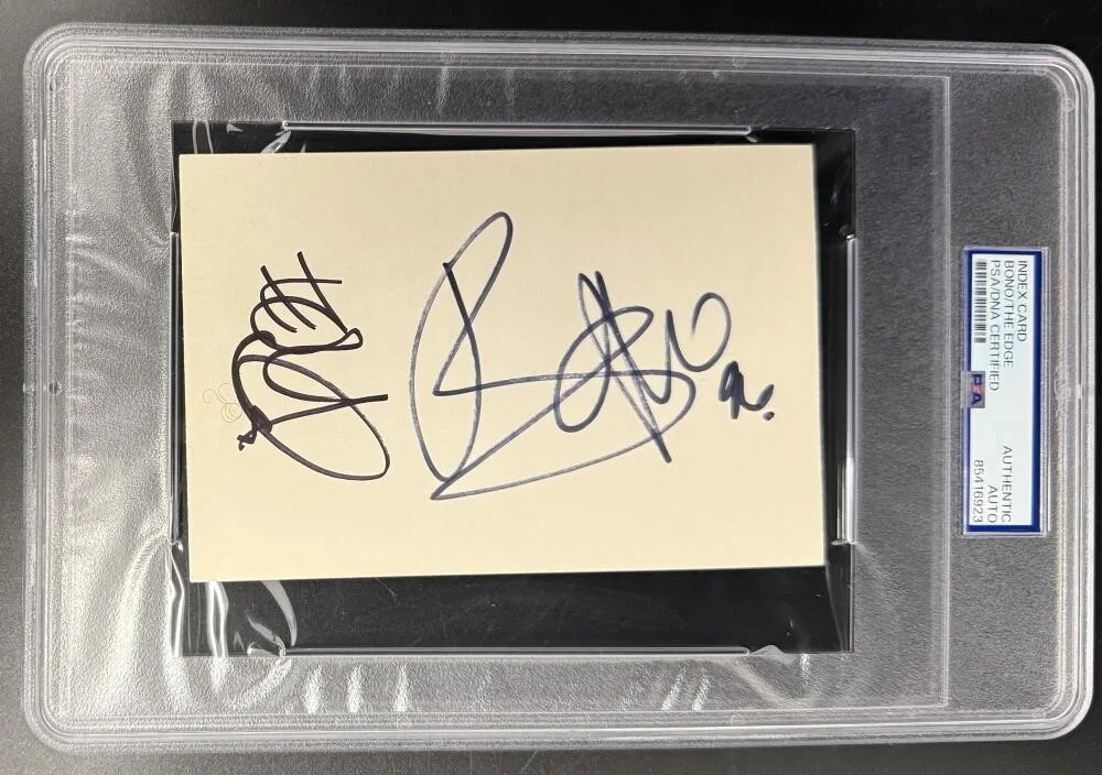 Bono and The Edge — Bono & The Edge U2 Signed Autograph PSA/DNA Slabbed Encapsulated Cut Card COA