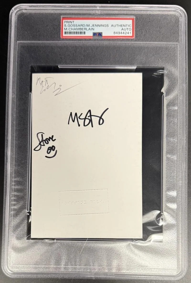 Matt Chamberlain, Stone Gossard, Mason Jennings — Painted Shield Signed Autograph PSA/DNA Slabbed Cut Card COA Pearl Jam Stone C