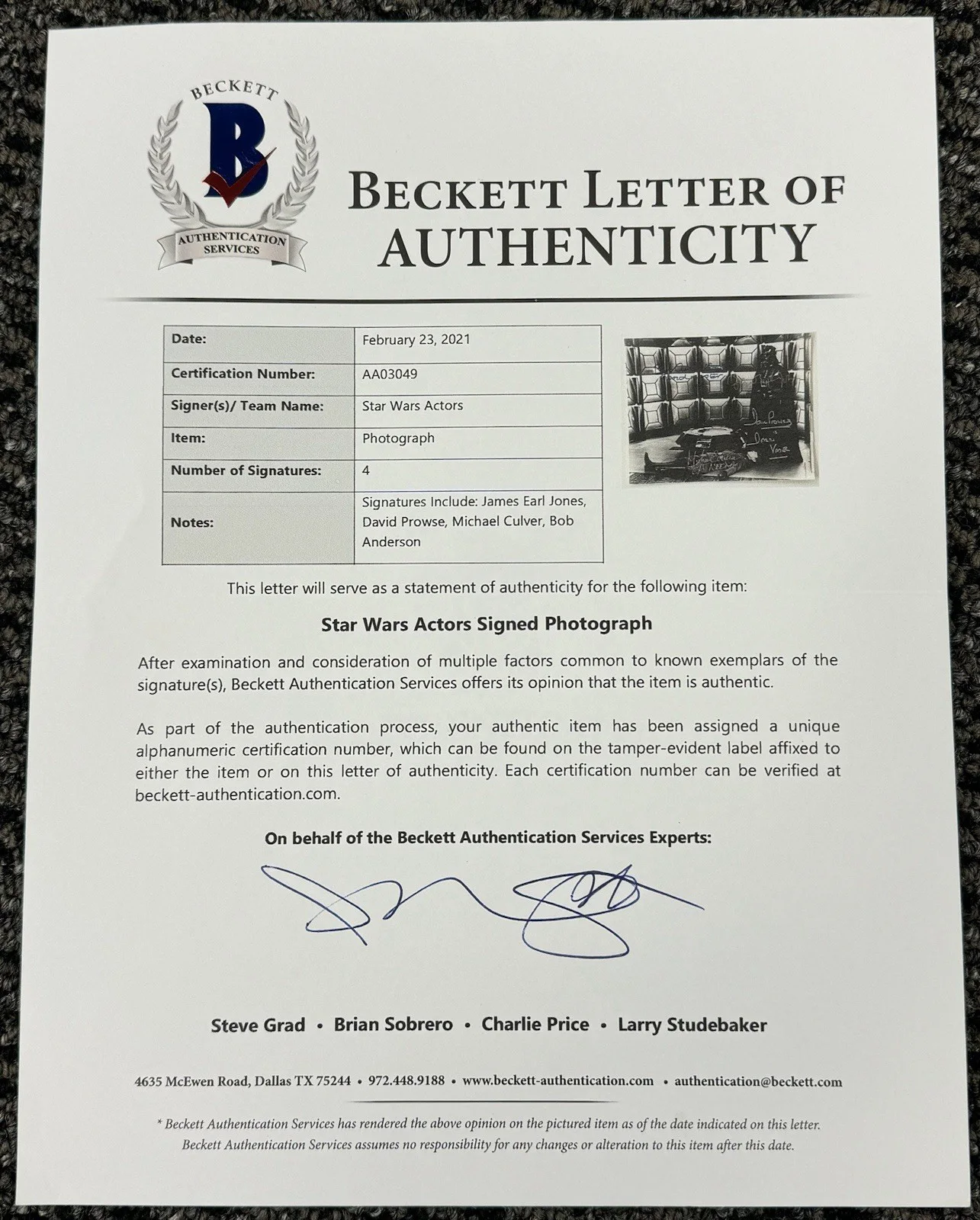 James Earl Jones Dave Prowse Bob Anderson, Michael Culver — James Earl Jones Prowse Bob Anderson Culver Star Wars Signed 8x10 Photo Beckett, изображение 2